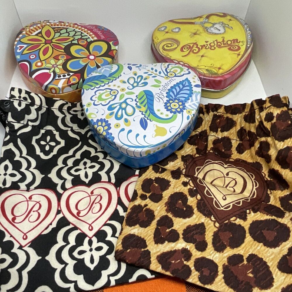 3 Empty BRIGHTON Tins Metal Heart Jewelry  Minor Dents Bonus 2 Fabric Bags